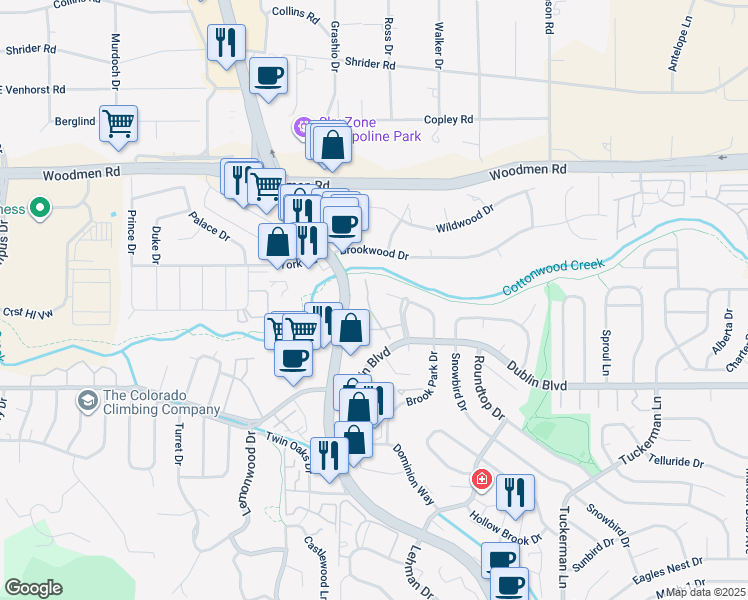 map of restaurants, bars, coffee shops, grocery stores, and more near 6609 Dublin Place in Colorado Springs