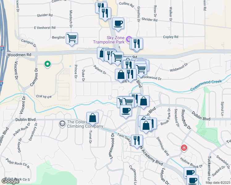 map of restaurants, bars, coffee shops, grocery stores, and more near 1431 Imperial Road in Colorado Springs