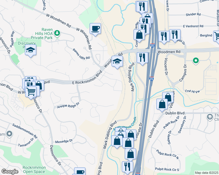 map of restaurants, bars, coffee shops, grocery stores, and more near 451 Rolling Hills Drive in Colorado Springs