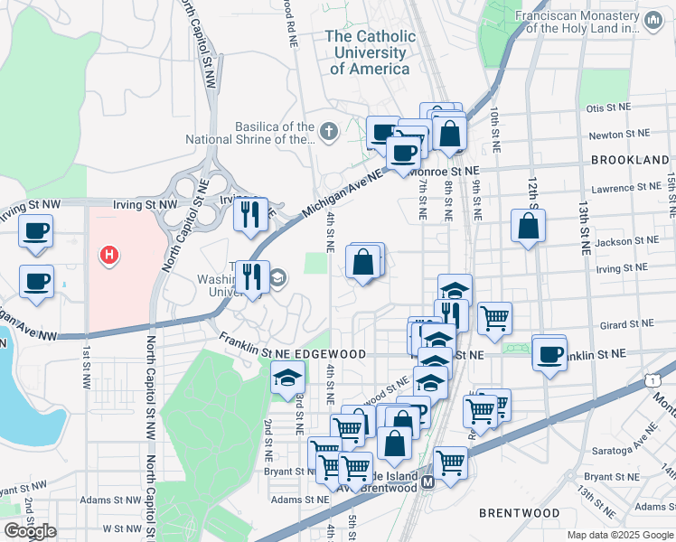 map of restaurants, bars, coffee shops, grocery stores, and more near 406 Brookland Grove Drive Northeast in Washington