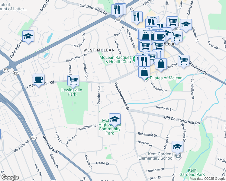 map of restaurants, bars, coffee shops, grocery stores, and more near 1565 Dunterry Place in McLean