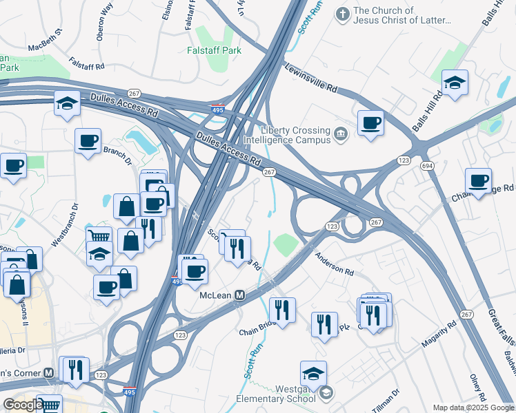 map of restaurants, bars, coffee shops, grocery stores, and more near 1581 Spring Gate Drive in McLean