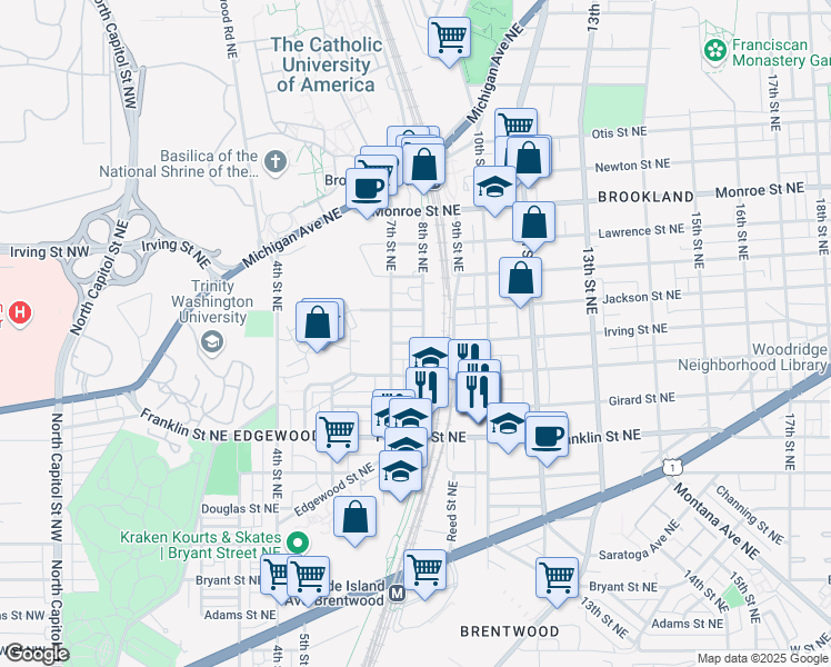 map of restaurants, bars, coffee shops, grocery stores, and more near 724 Irving Street Northeast in Washington