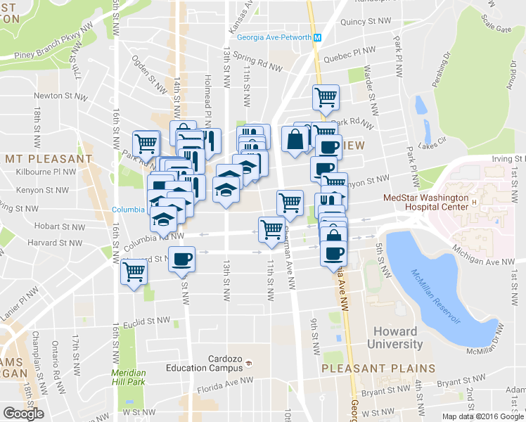 map of restaurants, bars, coffee shops, grocery stores, and more near 11th Street Northwest & Irving Street Northwest in Washington