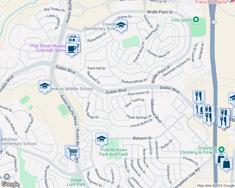 map of restaurants, bars, coffee shops, grocery stores, and more near 6908 Lost Springs Drive in Colorado Springs