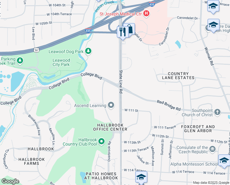 map of restaurants, bars, coffee shops, grocery stores, and more near 11141 Overbrook Road in Leawood