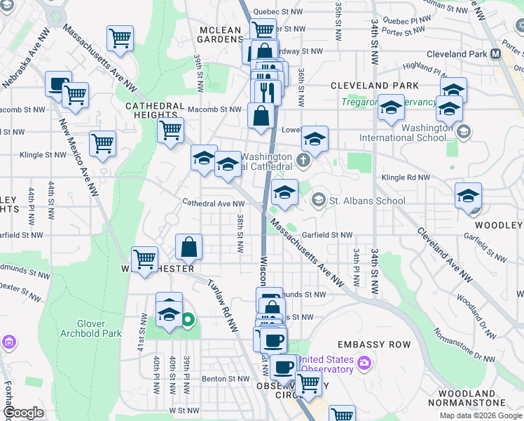 map of restaurants, bars, coffee shops, grocery stores, and more near 3022 Wisconsin Avenue Northwest in Washington