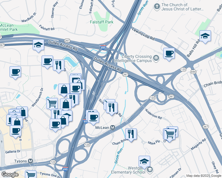 map of restaurants, bars, coffee shops, grocery stores, and more near 1530 Spring Gate Drive in McLean