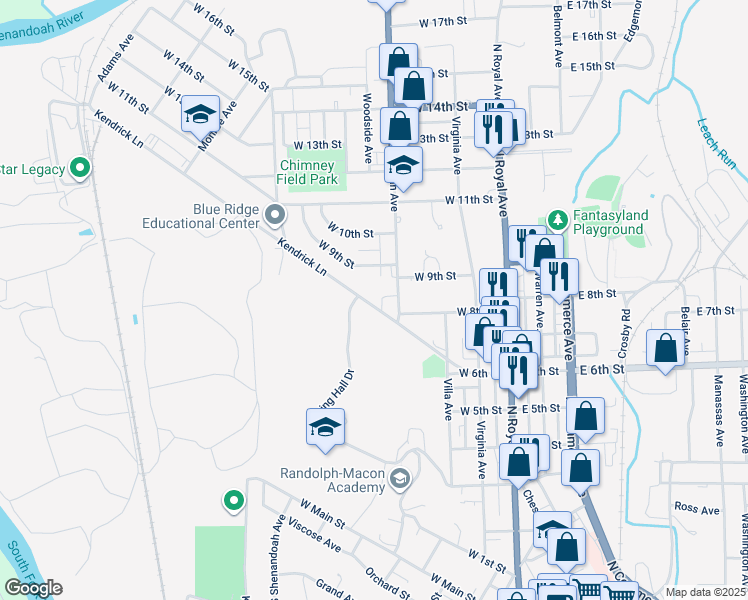 map of restaurants, bars, coffee shops, grocery stores, and more near 335 Kendrick Lane in Front Royal