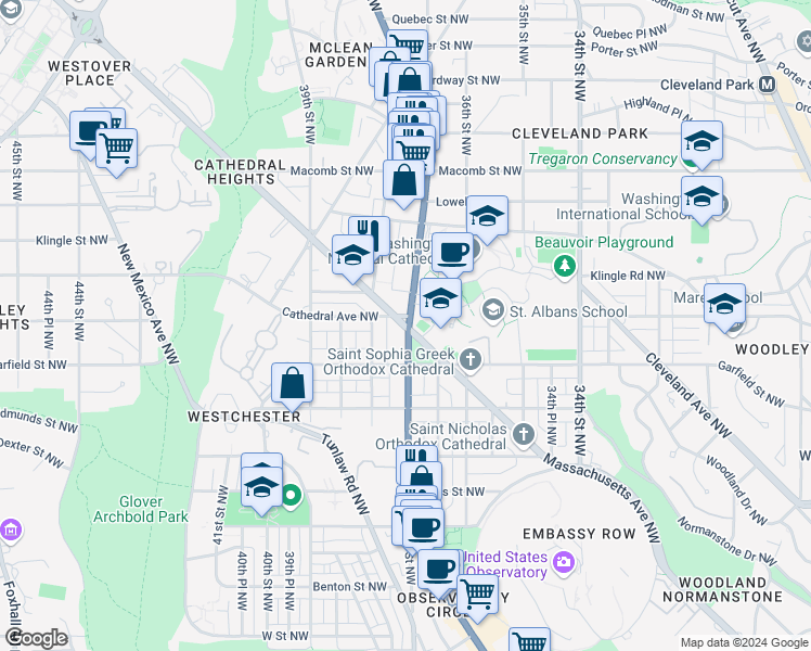 map of restaurants, bars, coffee shops, grocery stores, and more near 3026 Wisconsin Avenue Northwest in Washington