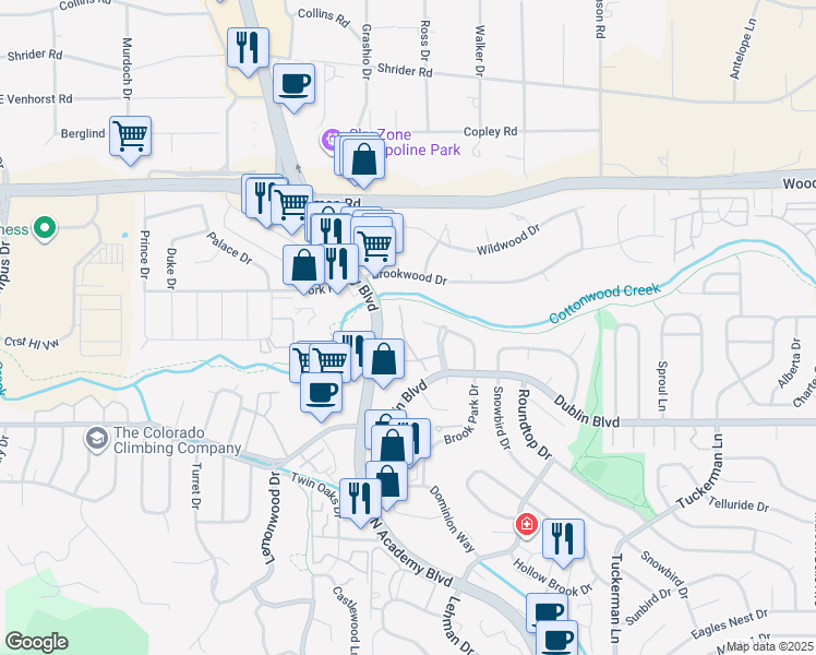 map of restaurants, bars, coffee shops, grocery stores, and more near 6609 Dublin Place in Colorado Springs