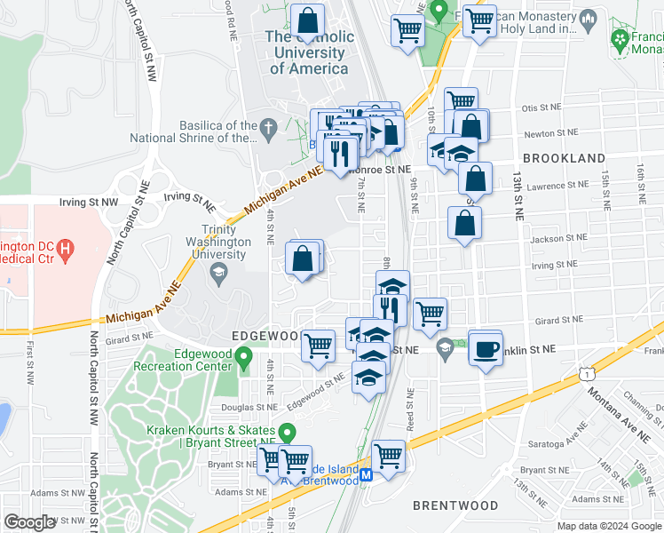 map of restaurants, bars, coffee shops, grocery stores, and more near 3063 Chancellor's Way Northeast in Washington