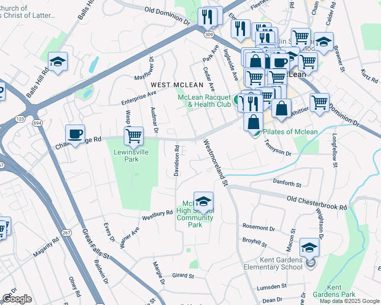 map of restaurants, bars, coffee shops, grocery stores, and more near 1558 Bruton Court in McLean