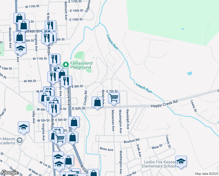 map of restaurants, bars, coffee shops, grocery stores, and more near 710 Manassas Avenue in Front Royal