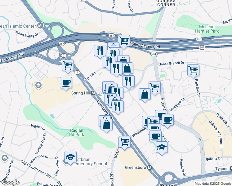 map of restaurants, bars, coffee shops, grocery stores, and more near 1551 Spring Hill Road in Tysons Corner