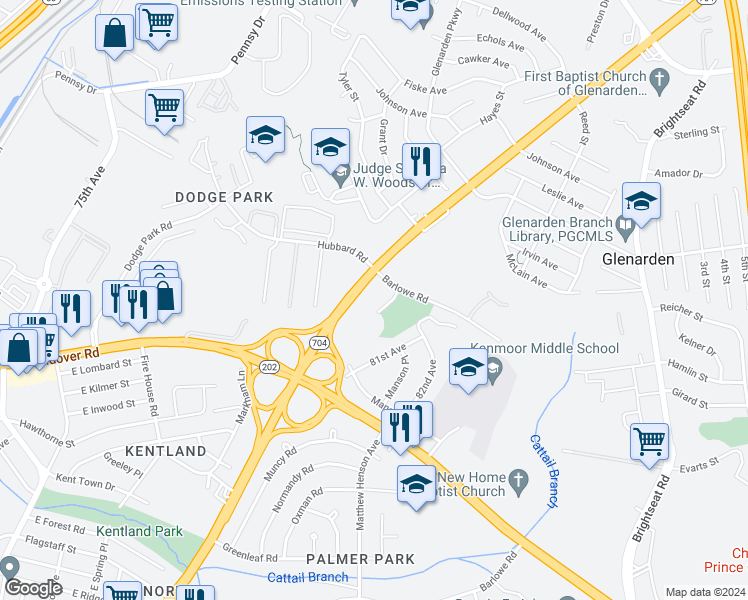 map of restaurants, bars, coffee shops, grocery stores, and more near 2908 White Oak Lane in Glenarden