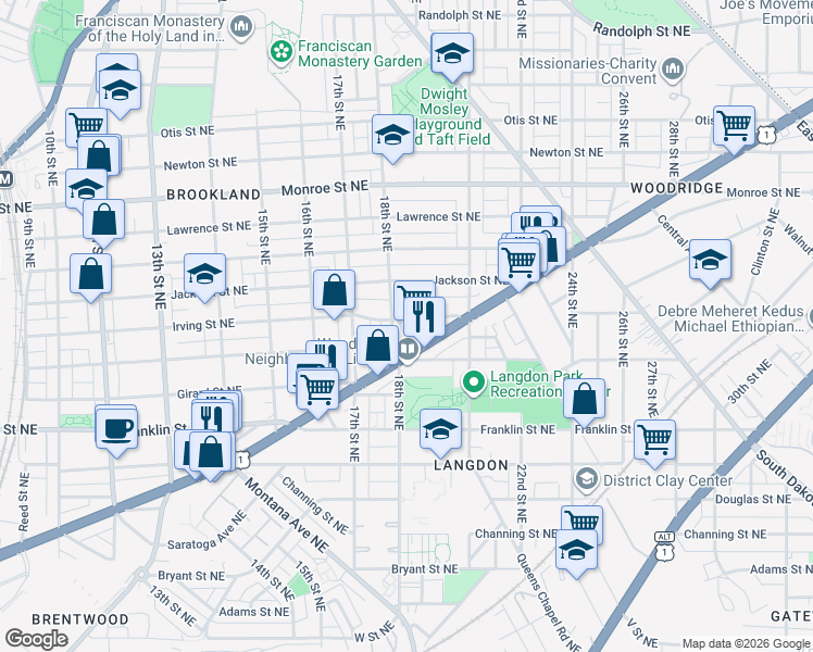map of restaurants, bars, coffee shops, grocery stores, and more near 1811 Irving Street Northeast in Washington