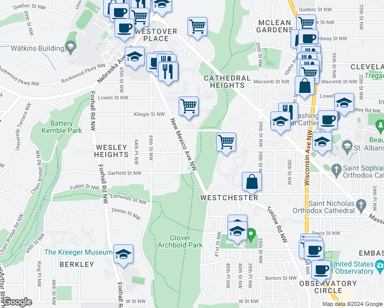 map of restaurants, bars, coffee shops, grocery stores, and more near 3033 New Mexico Avenue Northwest in Washington