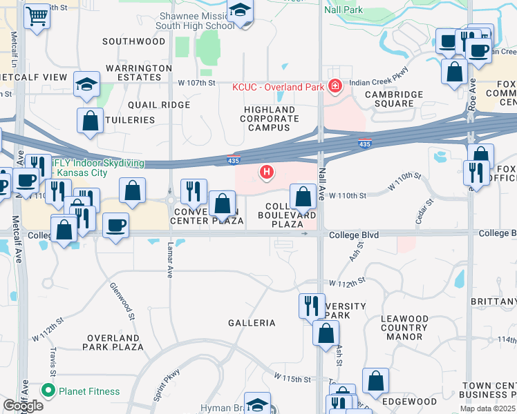 map of restaurants, bars, coffee shops, grocery stores, and more near 11001 Woodson Street in Overland Park
