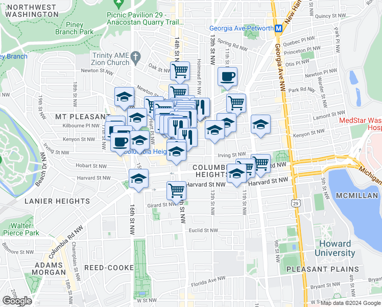 map of restaurants, bars, coffee shops, grocery stores, and more near 1361 Irving Street Northwest in Washington