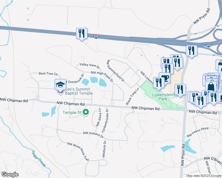 map of restaurants, bars, coffee shops, grocery stores, and more near 800 Northwest High Point Drive in Lee's Summit