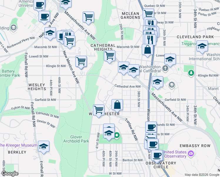 map of restaurants, bars, coffee shops, grocery stores, and more near 4000 Cathedral Avenue Northwest in Washington