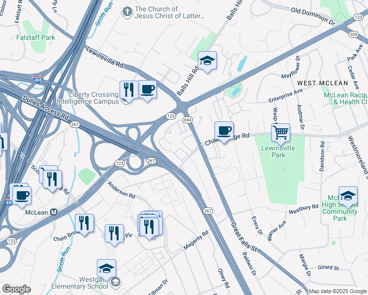 map of restaurants, bars, coffee shops, grocery stores, and more near 7372 Montcalm Drive in McLean