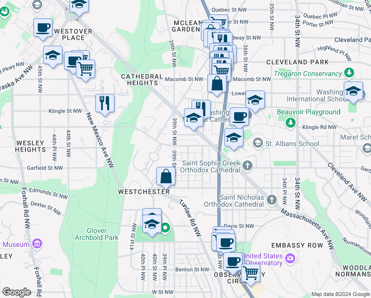 map of restaurants, bars, coffee shops, grocery stores, and more near 3828 Cathedral Avenue Northwest in Washington