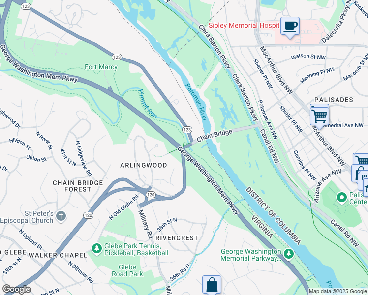 map of restaurants, bars, coffee shops, grocery stores, and more near 7576 North Glebe Road in Arlington