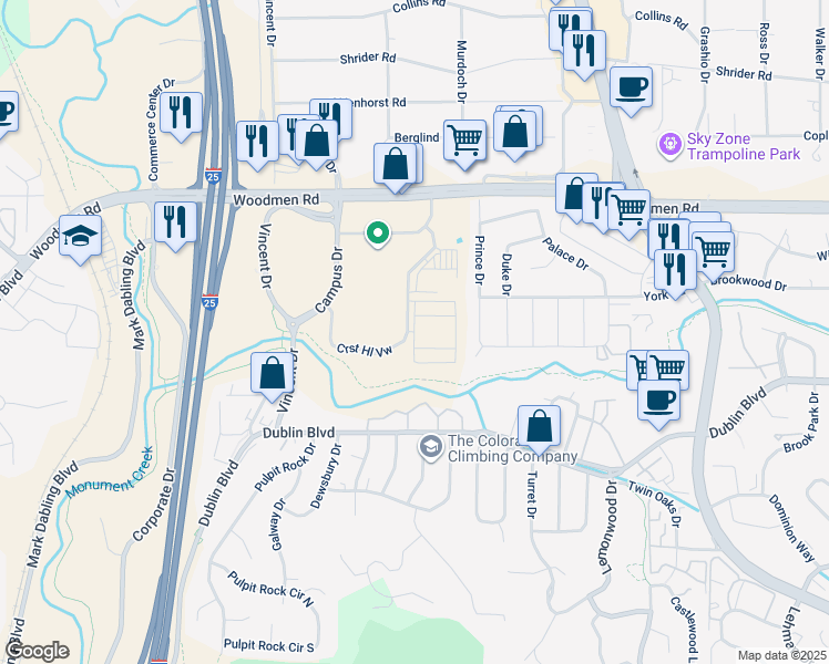 map of restaurants, bars, coffee shops, grocery stores, and more near 6762 Prince Drive in Colorado Springs