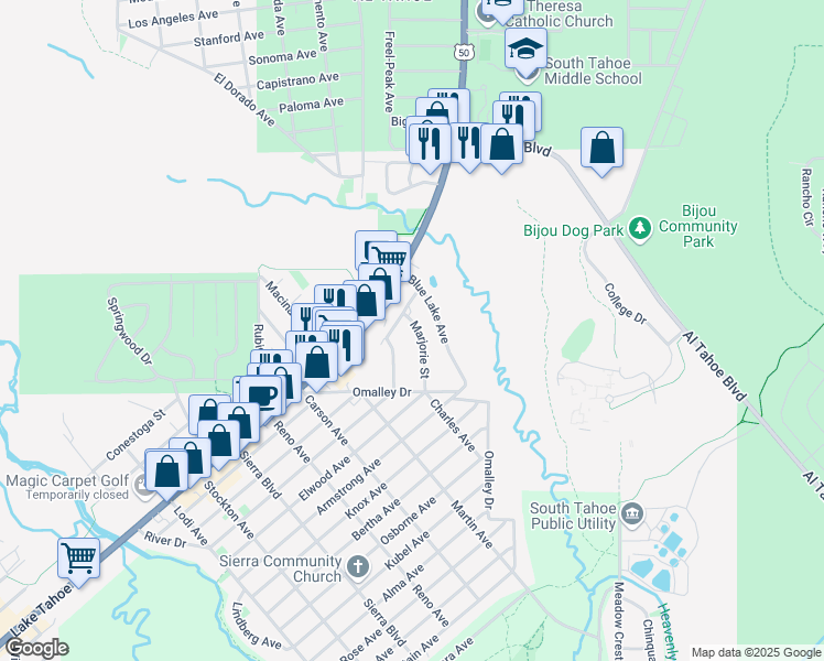 map of restaurants, bars, coffee shops, grocery stores, and more near 1032 Blue Lake Avenue in South Lake Tahoe