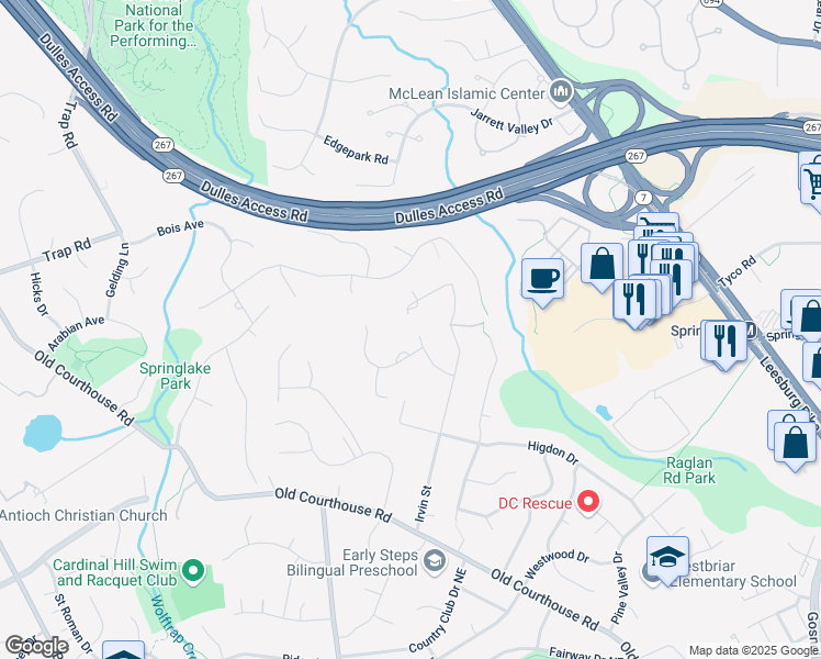 map of restaurants, bars, coffee shops, grocery stores, and more near 1600 Ashgrove Meadows Way in Vienna
