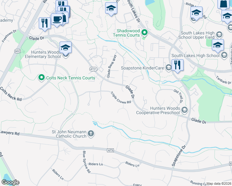 map of restaurants, bars, coffee shops, grocery stores, and more near 11816 State Route 4707 in Reston