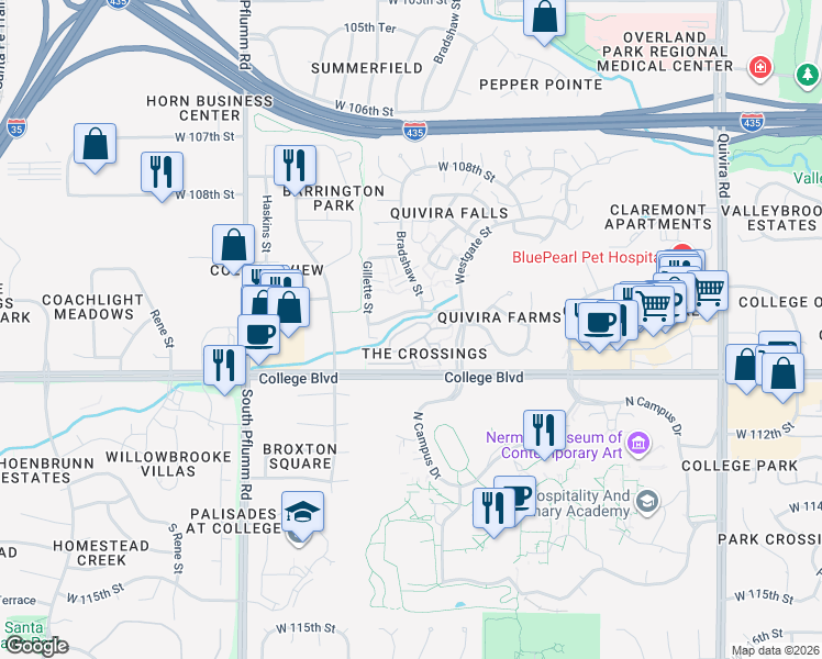 map of restaurants, bars, coffee shops, grocery stores, and more near 12900 West 110th Street in Overland Park