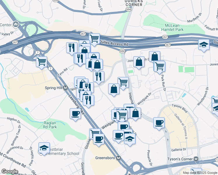 map of restaurants, bars, coffee shops, grocery stores, and more near 8370 Greensboro Drive in McLean