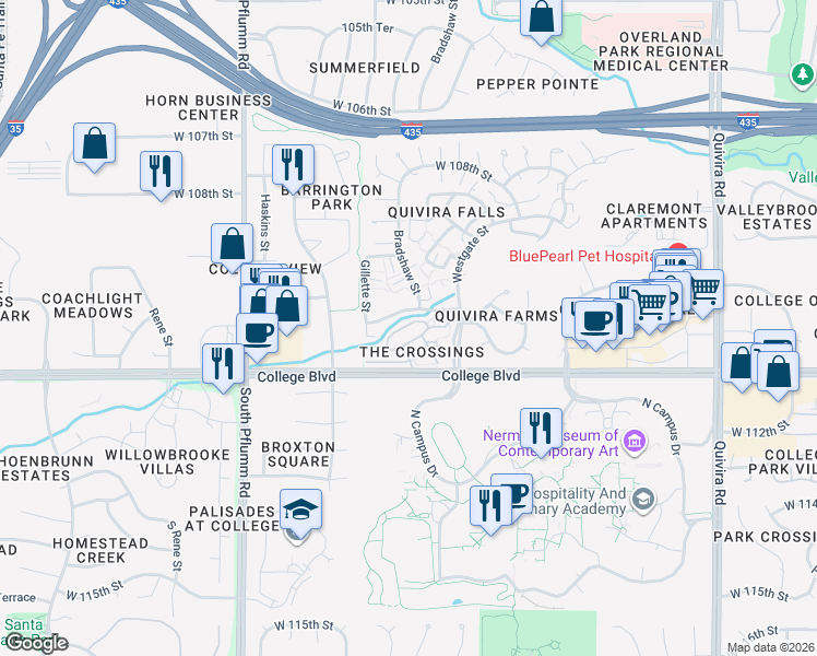 map of restaurants, bars, coffee shops, grocery stores, and more near 12900 West 110th Street in Overland Park