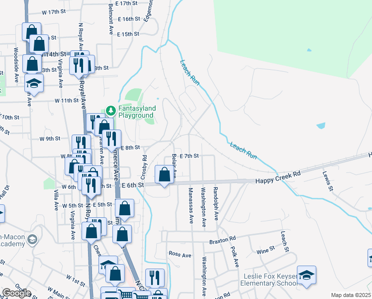 map of restaurants, bars, coffee shops, grocery stores, and more near 710 Manassas Avenue in Front Royal