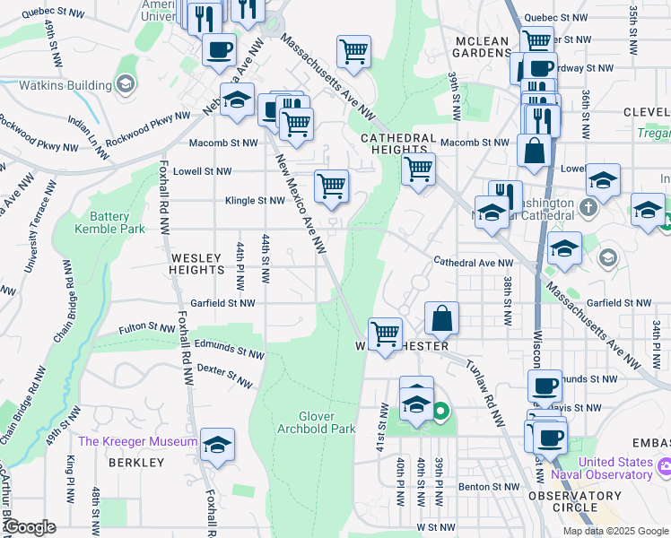 map of restaurants, bars, coffee shops, grocery stores, and more near 3033 New Mexico Avenue Northwest in Washington