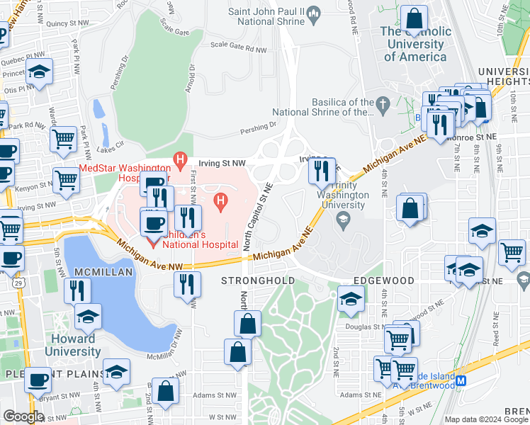 map of restaurants, bars, coffee shops, grocery stores, and more near 3143 Hawthorne Drive Northeast in Washington