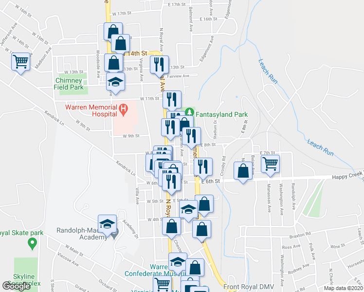 map of restaurants, bars, coffee shops, grocery stores, and more near 99 East 8th Street in Front Royal