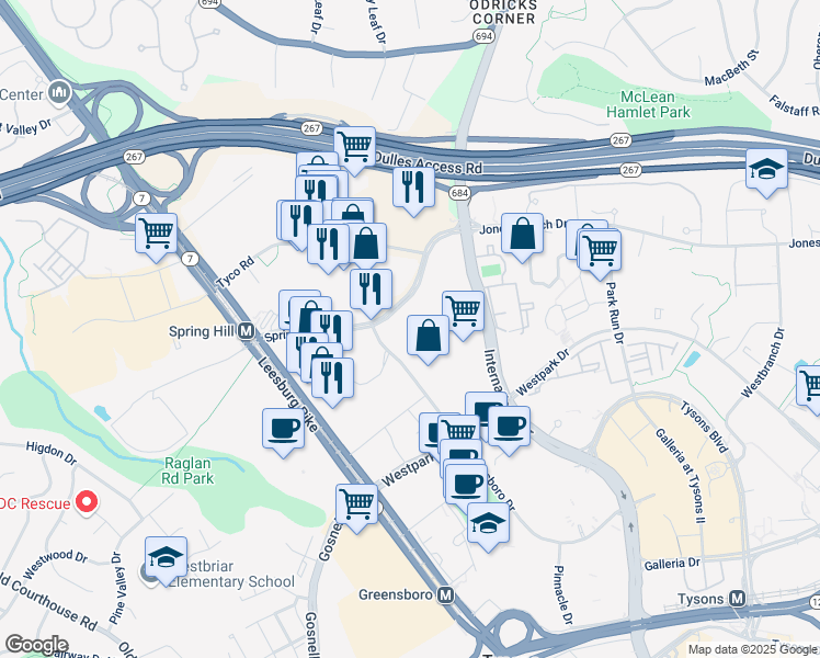 map of restaurants, bars, coffee shops, grocery stores, and more near 8370 Greensboro Drive in McLean