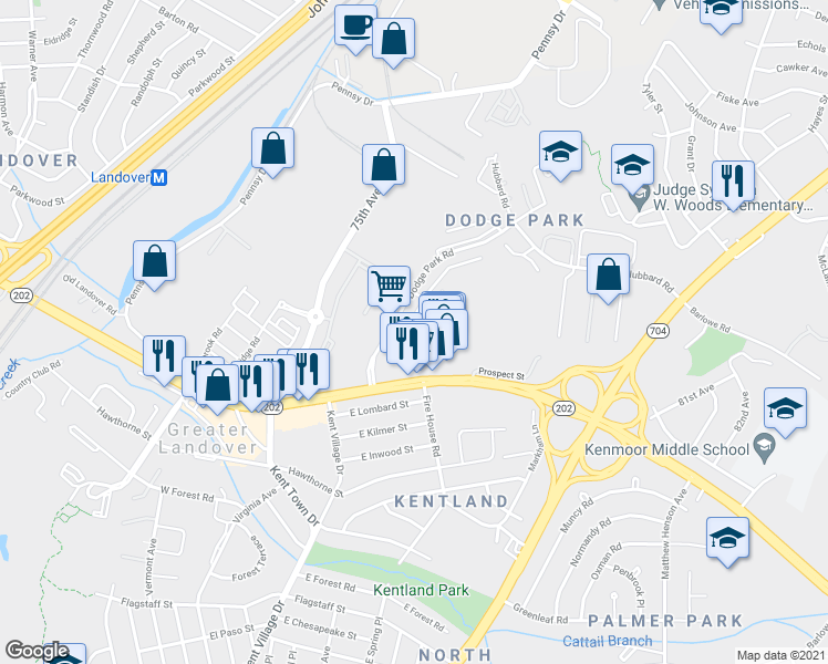map of restaurants, bars, coffee shops, grocery stores, and more near 3405 Dodge Park Road in Hyattsville