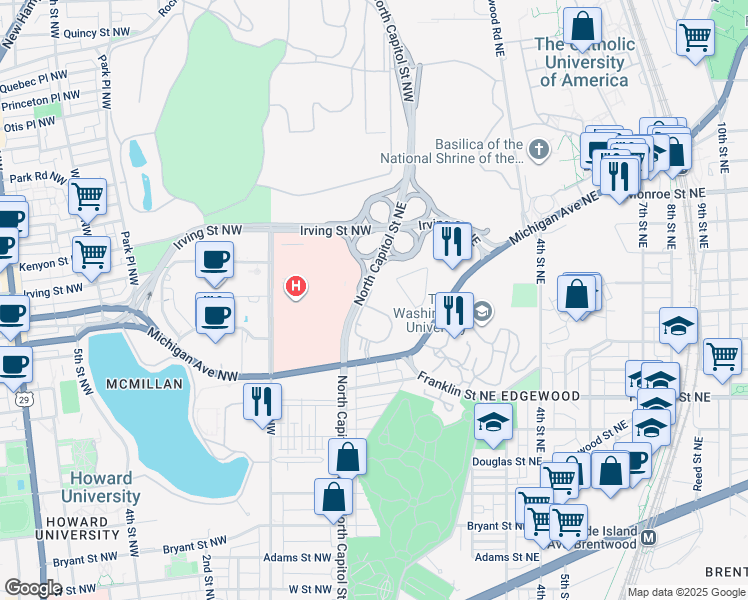 map of restaurants, bars, coffee shops, grocery stores, and more near 3143 Hawthorne Drive Northeast in Washington