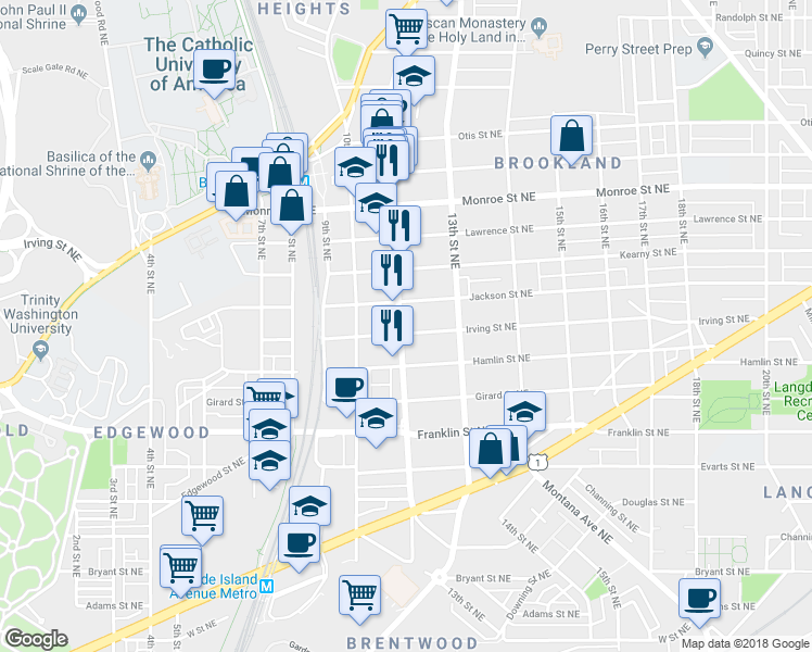 map of restaurants, bars, coffee shops, grocery stores, and more near 3103 12th Street Northeast in Washington