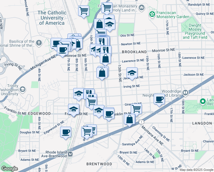 map of restaurants, bars, coffee shops, grocery stores, and more near 3103 12th Street Northeast in Washington