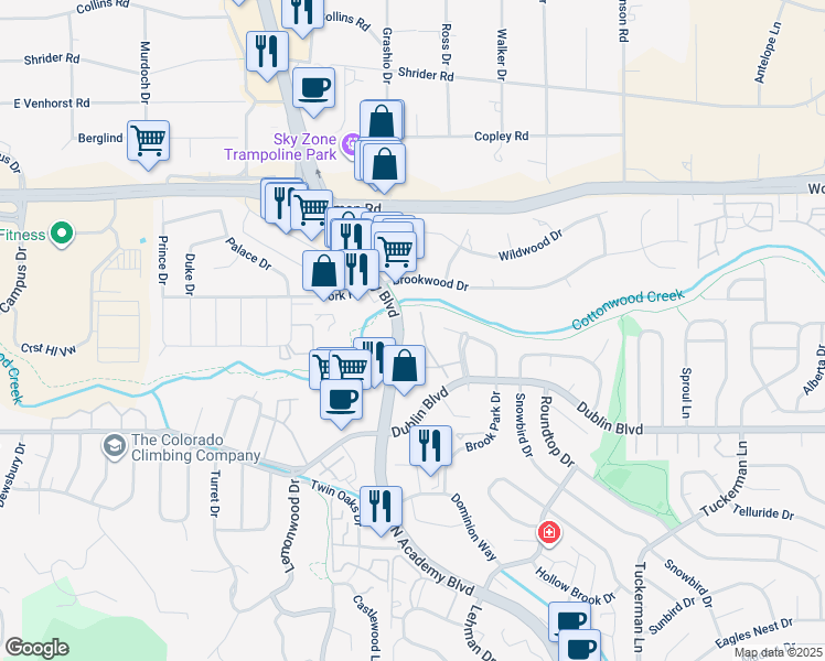 map of restaurants, bars, coffee shops, grocery stores, and more near 6660 Dublin Loop West in Colorado Springs