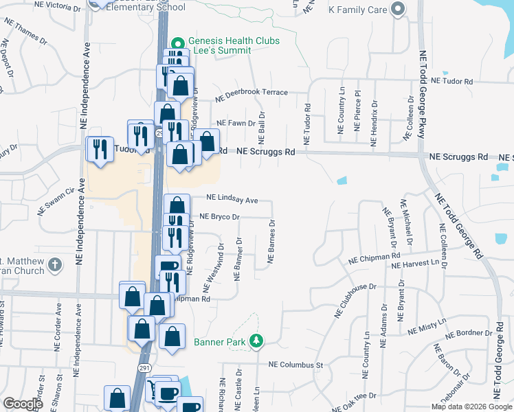 map of restaurants, bars, coffee shops, grocery stores, and more near 1116 Northeast Lindsay Avenue in Lee's Summit