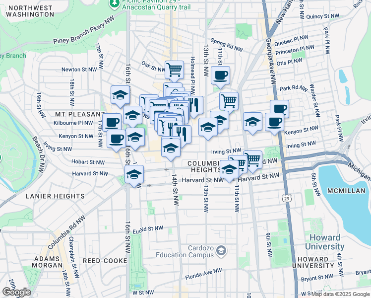 map of restaurants, bars, coffee shops, grocery stores, and more near 1355 Irving Street Northwest in Washington