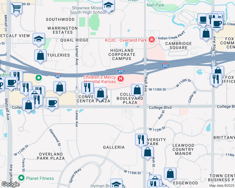 map of restaurants, bars, coffee shops, grocery stores, and more near 11001 Woodson Street in Overland Park