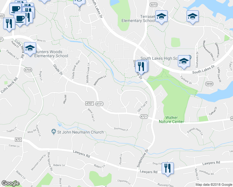 map of restaurants, bars, coffee shops, grocery stores, and more near 11583 Red Leaf Court in Reston